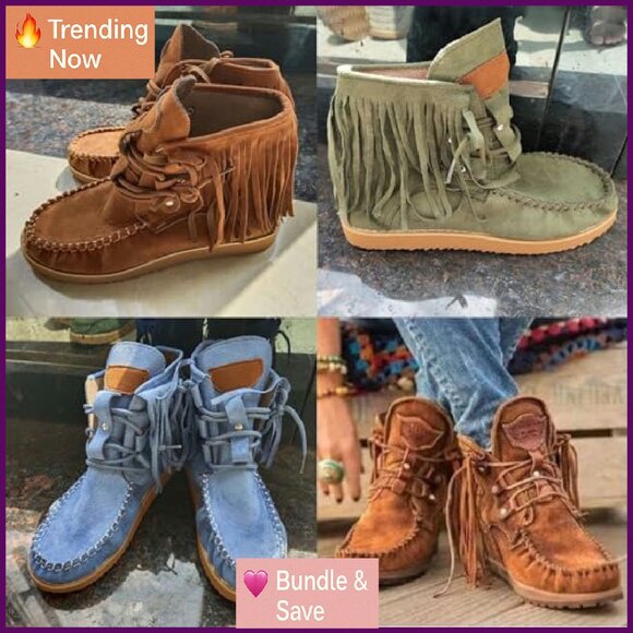 Vintage Fringed Ankle Boots, Lightweight Suede, Round Toe, 3cm Heel - Picture 4 of 8